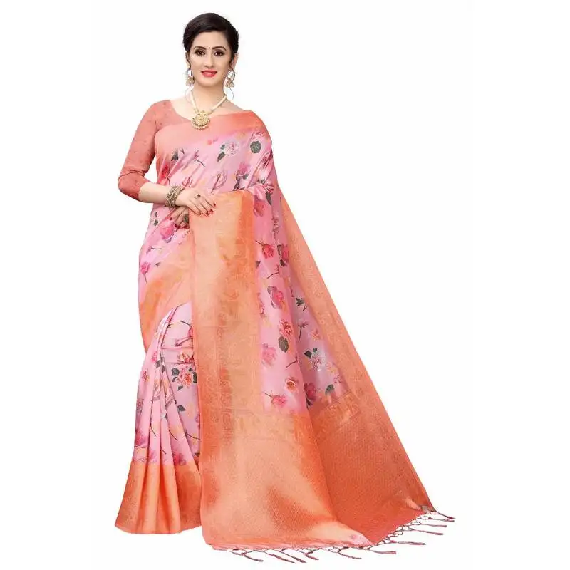 Light pink printed cotton poly saree with blouse
