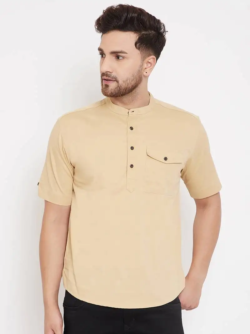 Beige plain pure cotton men-kurtas