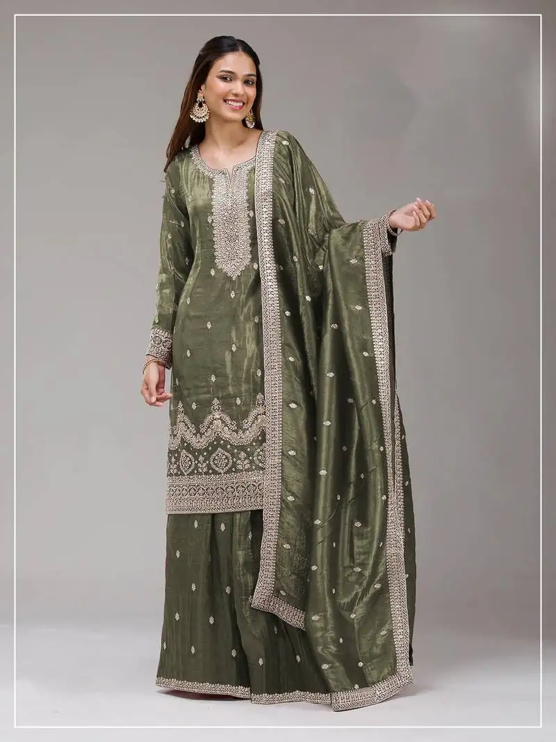 Mehendi embroideried faux glass tissue salwar suit semi stitched