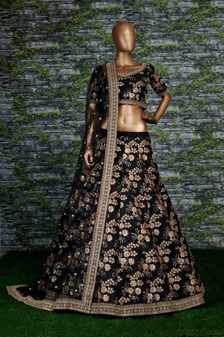 Black zari and sequins embroidered thai silk semi stitched wedding lehenga