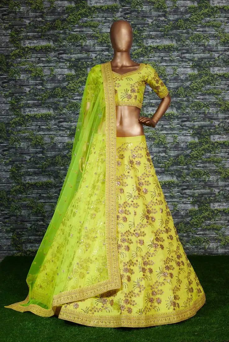Light-green zari and sequins embroidered thai silk semi stitched wedding lehenga
