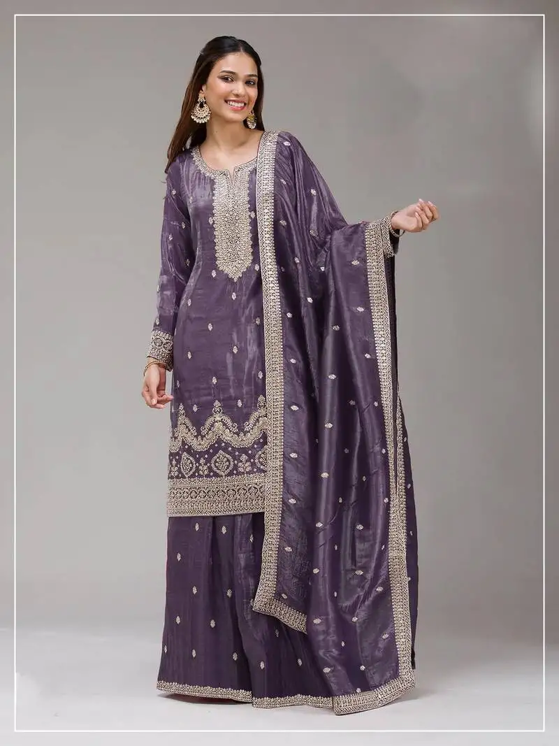 Dark lavender color embroideried faux glass tissue salwar suit semi stitched