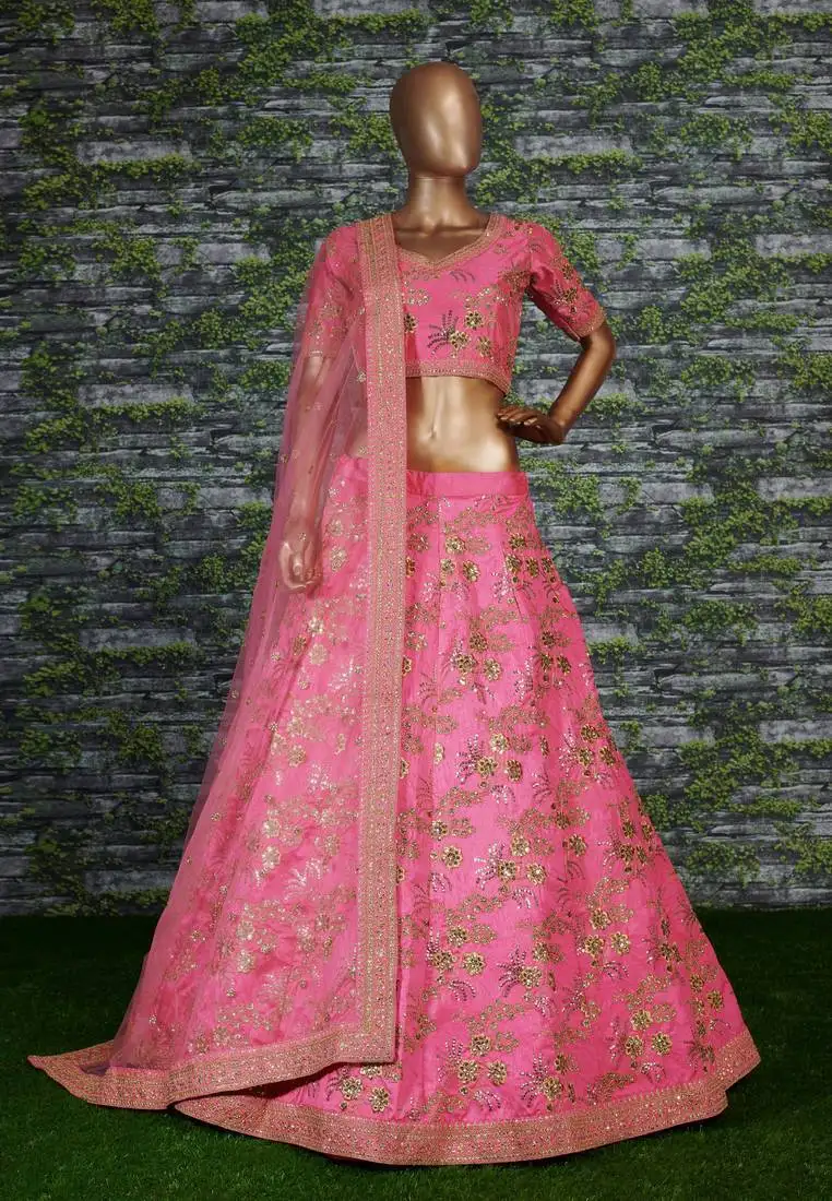 Pink zari and sequins embroidered thai silk semi stitched wedding lehenga