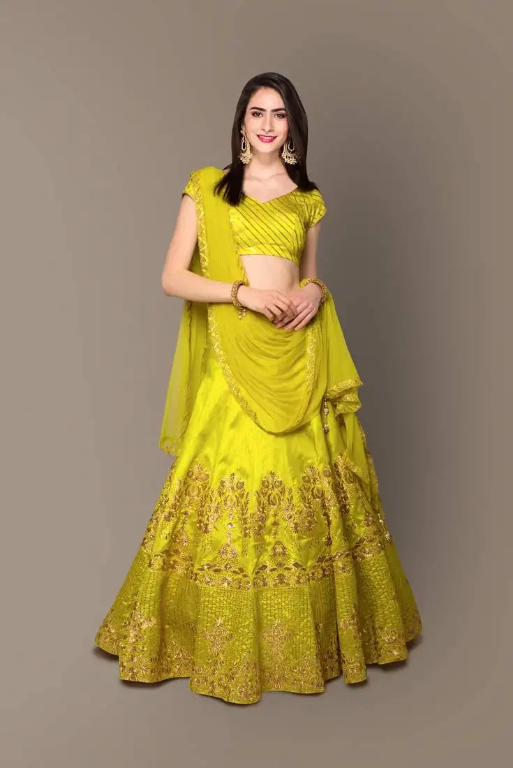 Light-green zari and sequins embroidered silk semi stitched lehenga choli with dupatta