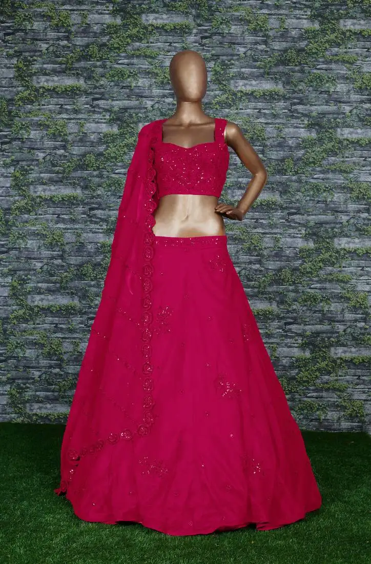 Red embroidered georgette semi stitched lehenga