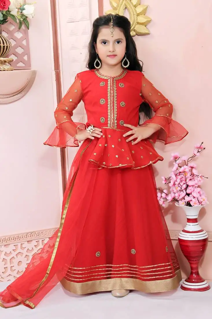 Red embroidered net stitched lehenga
