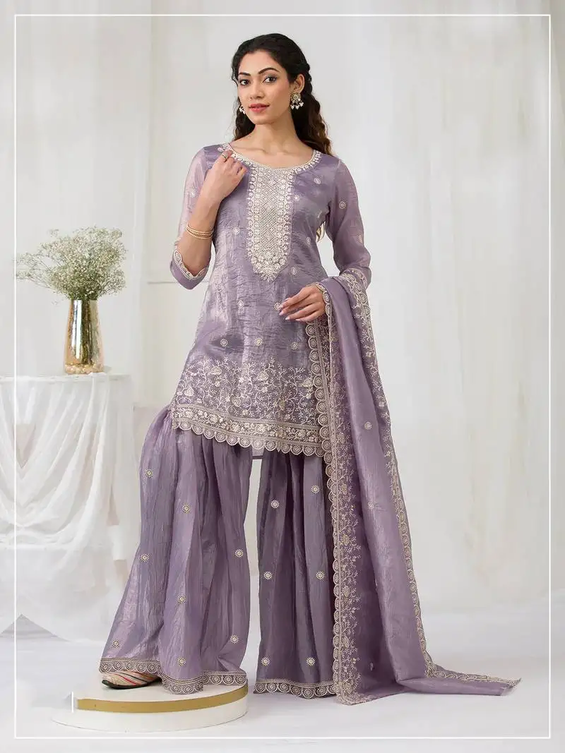 Plum color embroideried faux glass tissue salwar suit semi stitched