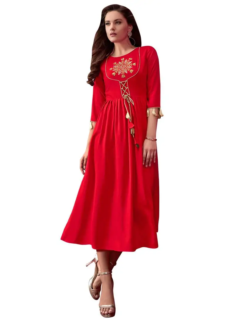 Red printed rayon ethnic-kurtis