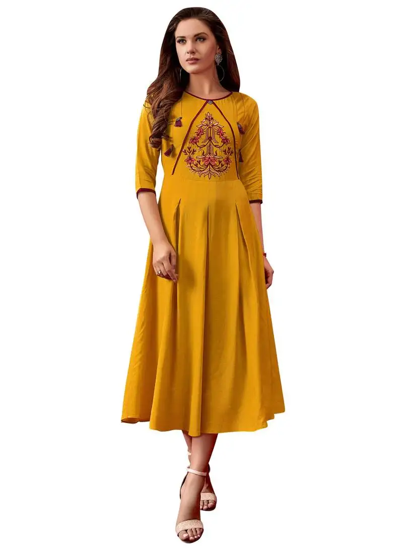Yellow printed rayon ethnic-kurtis