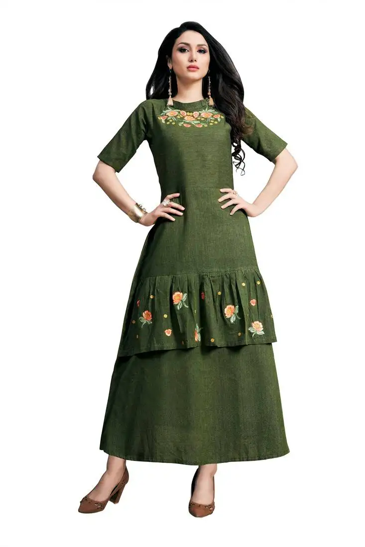 Green embroidered cotton ethnic-kurtis
