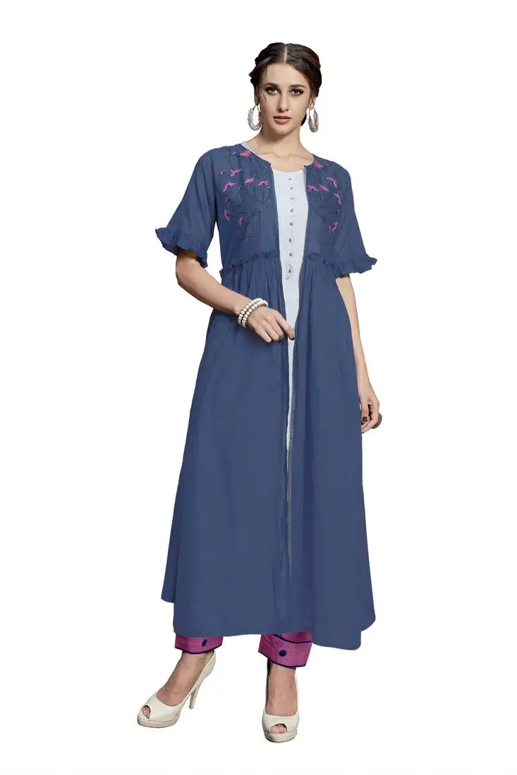 Blue embroidered crepe ethnic-kurtis