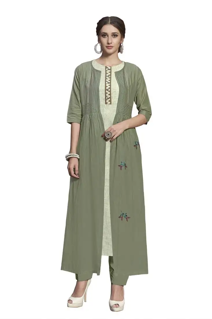 Green embroidered crepe ethnic-kurtis