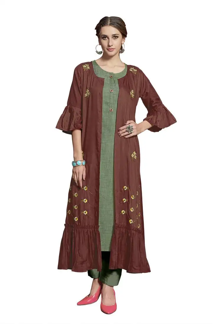 Brown embroidered crepe ethnic-kurtis