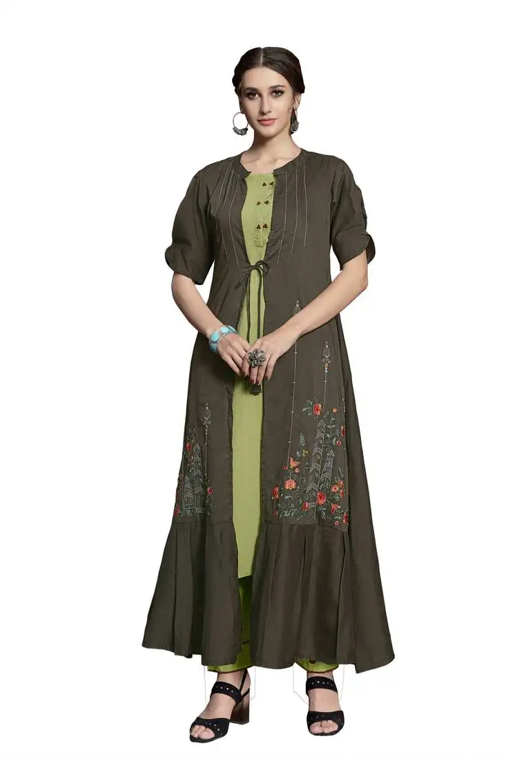 Dark-grey embroidered crepe ethnic-kurtis