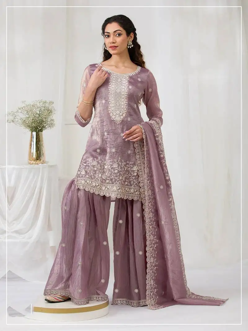 Onion pink color embroideried faux glass tissue salwar suit semi stitched