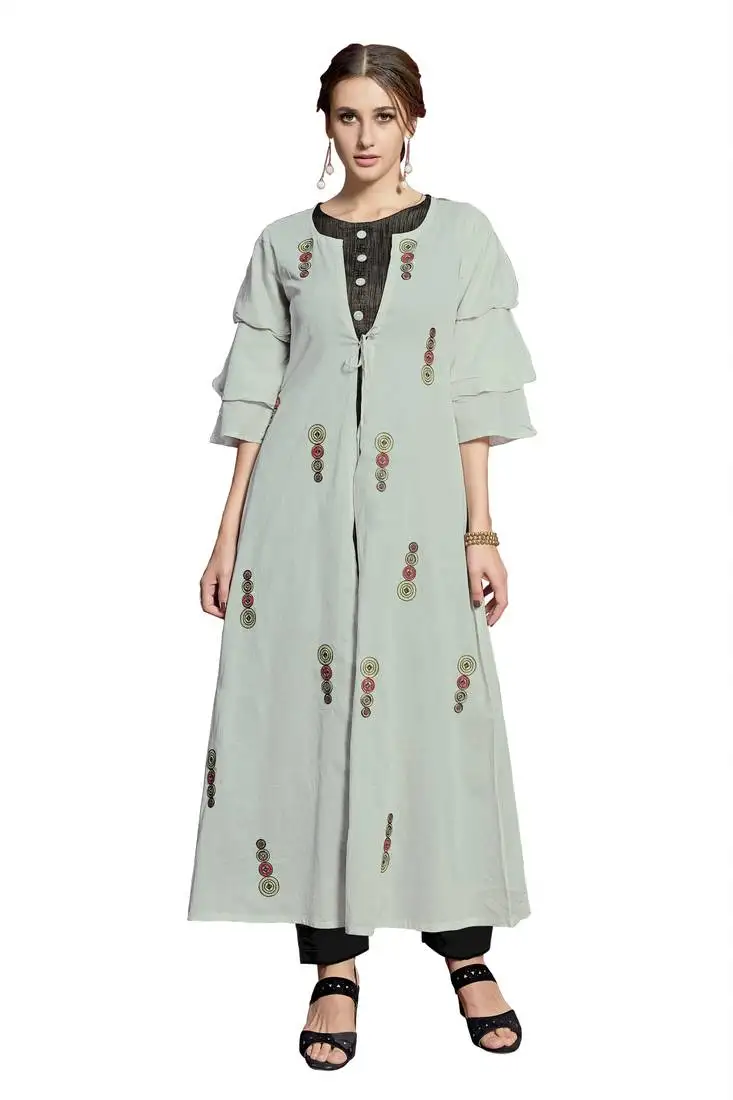 Light-grey embroidered crepe ethnic-kurtis
