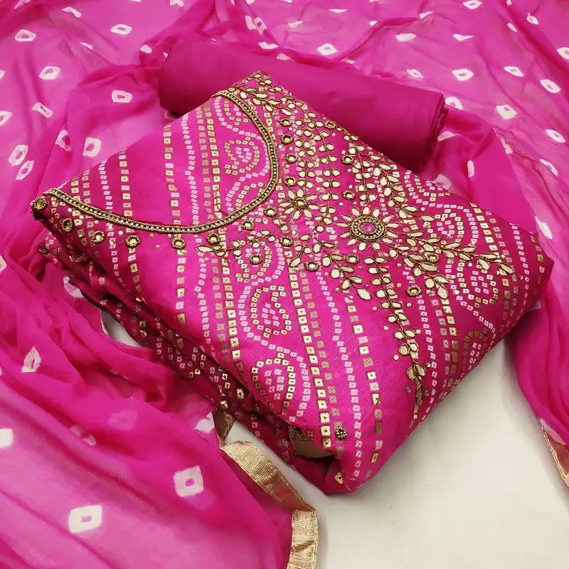 Pink bandhej banarasi silk blend salwar unstitched