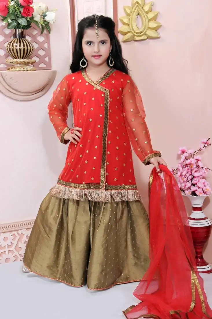 Red embroidered net kids salwar suits