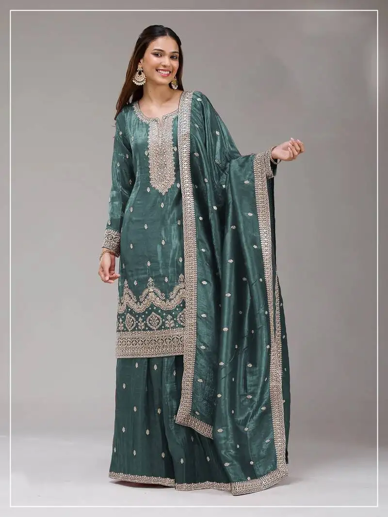Teal color embroideried faux glass tissuesalwar suit salwar suit semi stitched