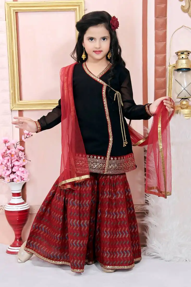 Black embroidered faux georgette kids salwar suits