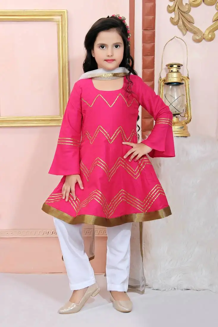 Pink embroidered cotton silk kids salwar suits