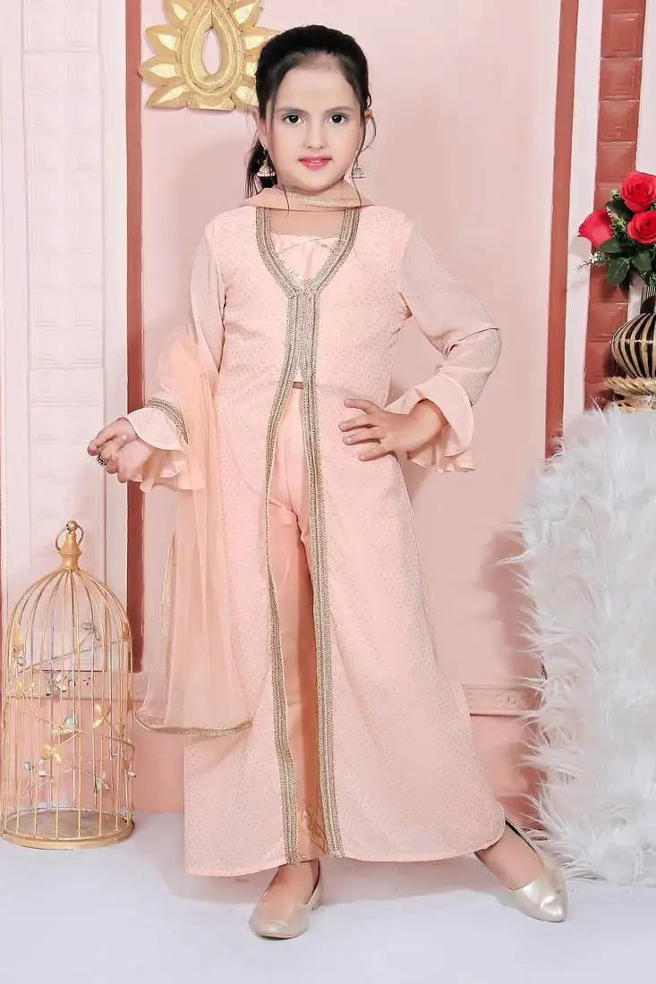 Pink embroidered faux georgette kids salwar suits