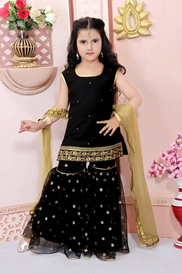 Black cotton silk sequin and threadwork embroidered sharara suit