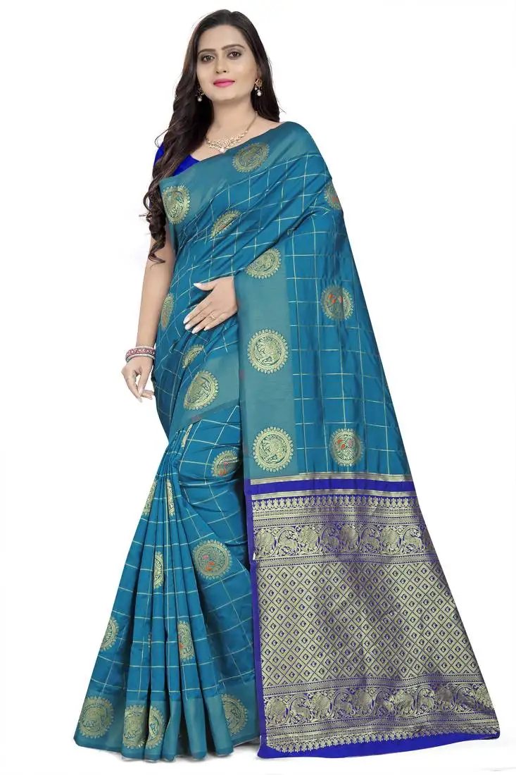 Sky blue printed banarasi cotton saree with blouse