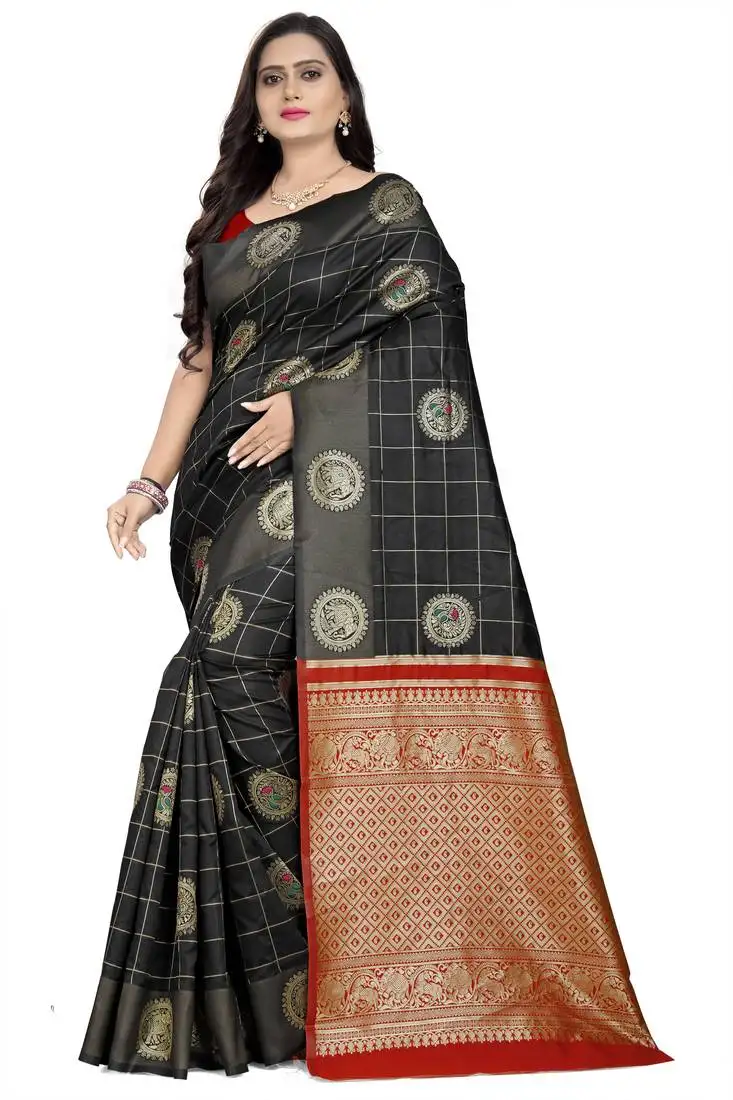 Black printed banarasi cotton saree with blouse