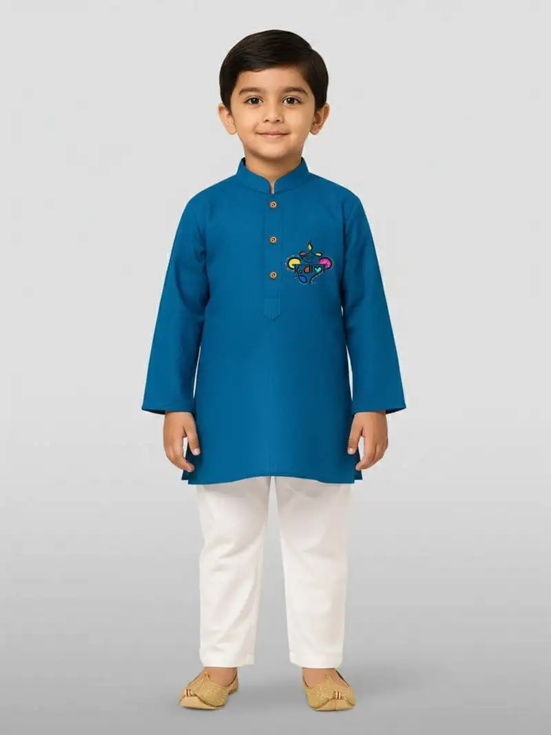 Aqua cotton printed kurta set with white pyjama - diwali special