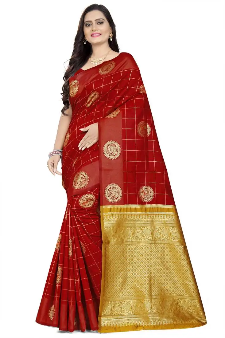 Red printed banarasi cotton saree with blouse
