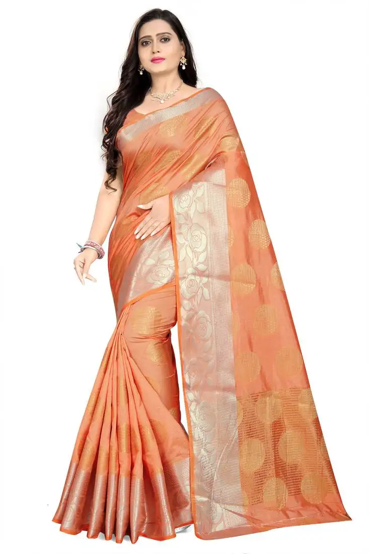 Orange printed banarasi silk blend saree with blouse