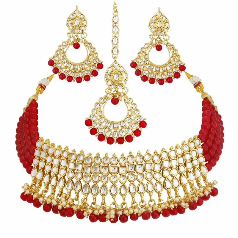 Gold plated ethnic indian traditional kundan pearl choker necklace set for women
