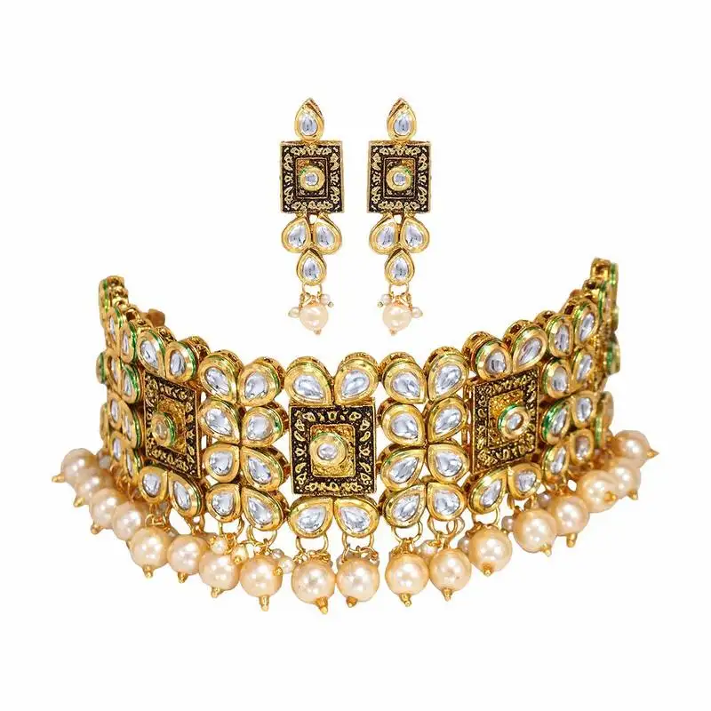 Traditional kundan & beads choker necklace jewellery set for women