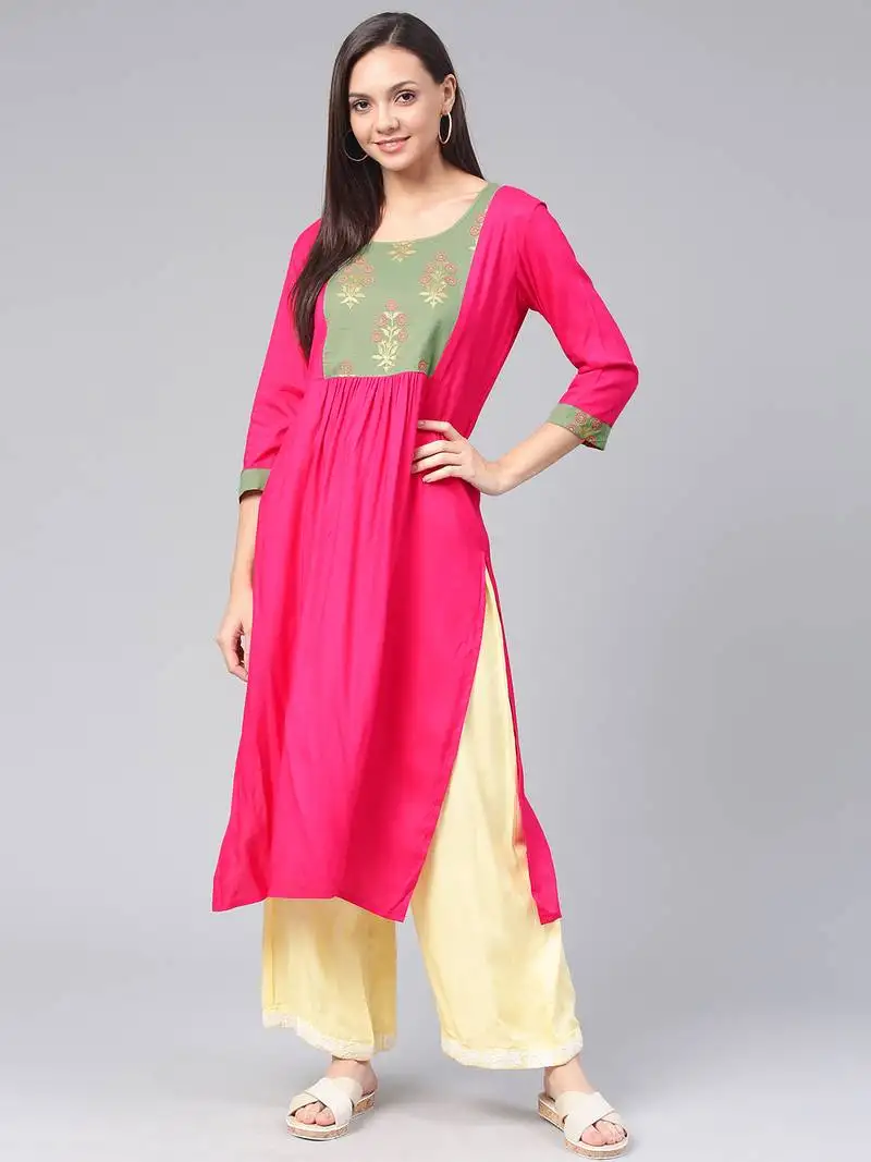 Pink printed rayon kurtas-and-kurtis