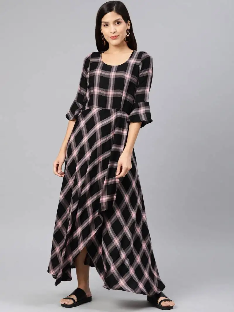 Black printed viscose rayon long-dresses