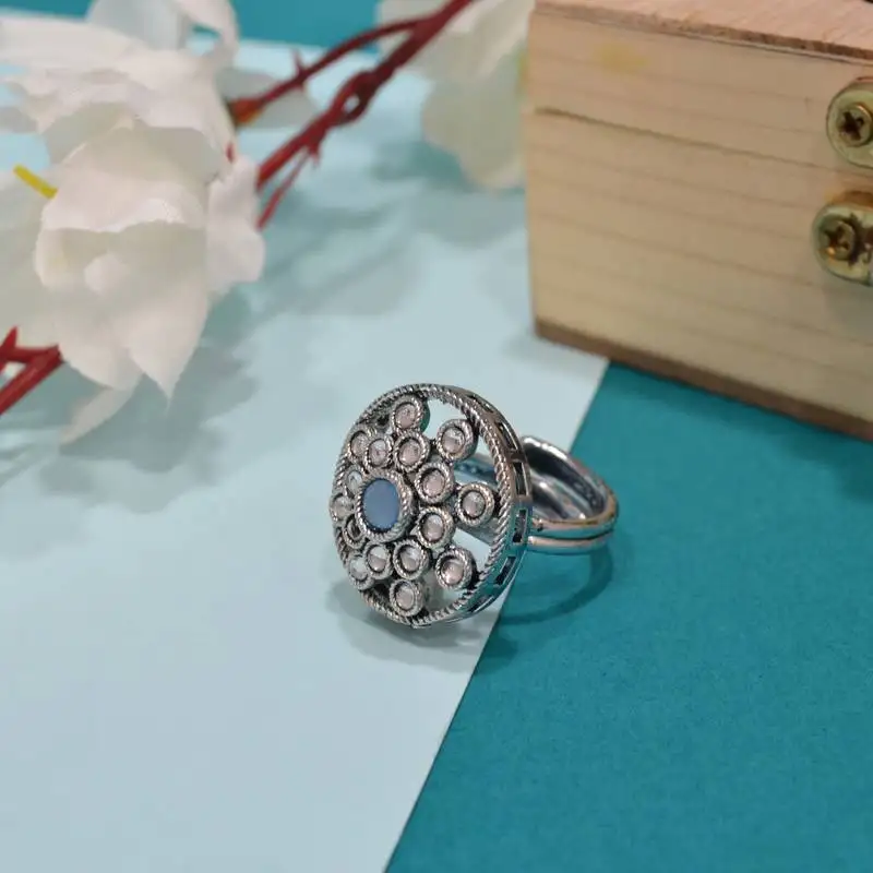 Exotic round shape silver plated kundan stone adjustable finger ring for women and girls