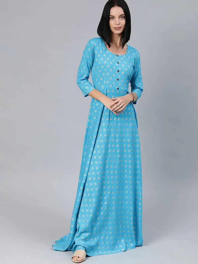 Blue printed viscose rayon long-dresses