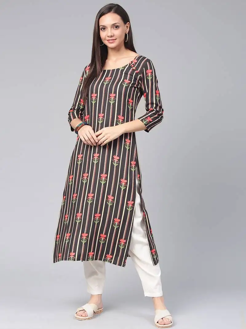 Black printed rayon kurtas-and-kurtis