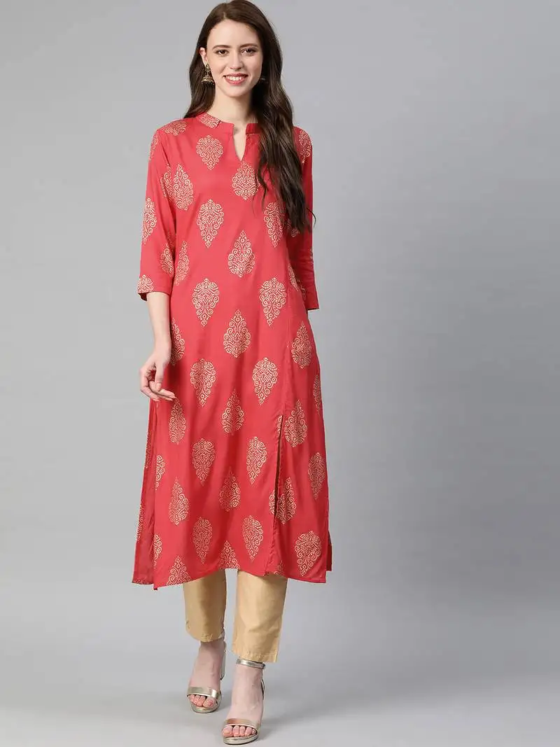 Pink printed viscose rayon kurtas-and-kurtis