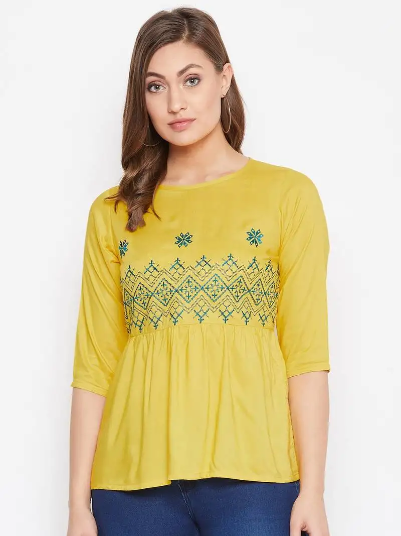 Yellow embroidered rayon party-tops