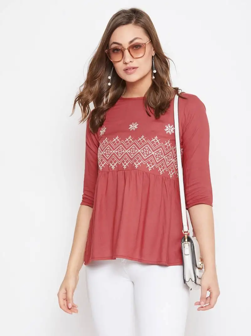 Maroon embroidered rayon party-tops