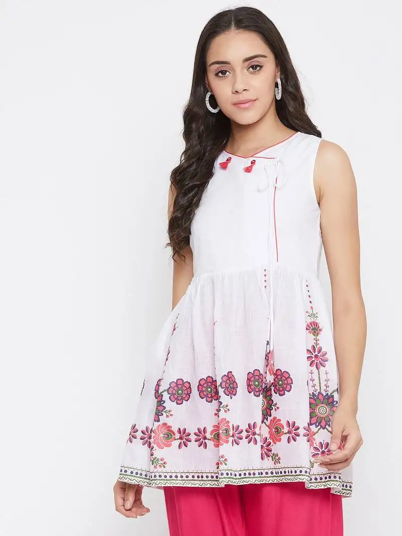 White printed cotton long-tops