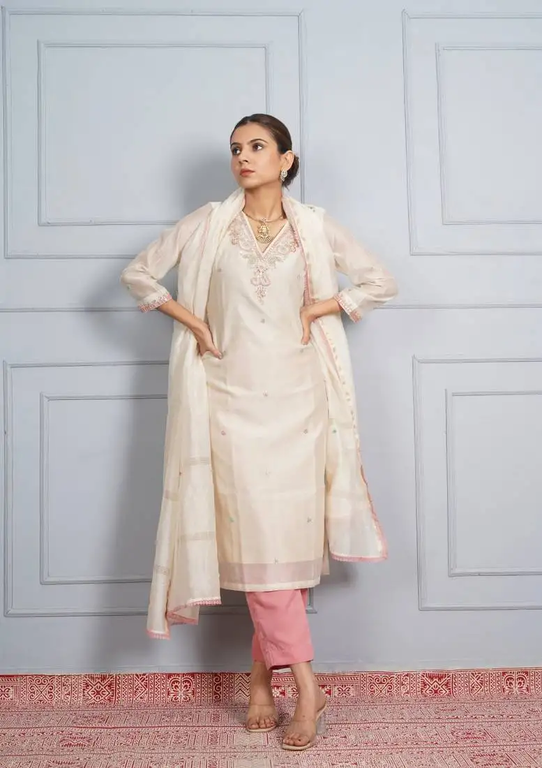 Off white 'jantar mantar' hand embroidered chanderi silk womens suit- set of 3