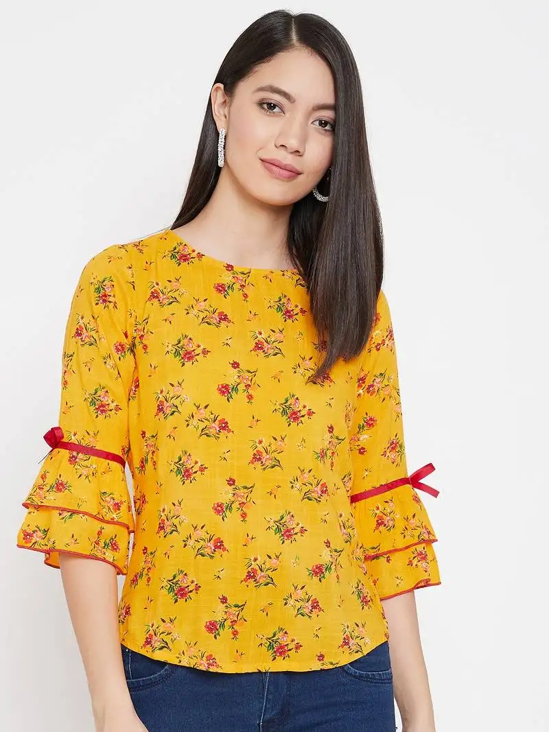 Yellow printed rayon party-tops