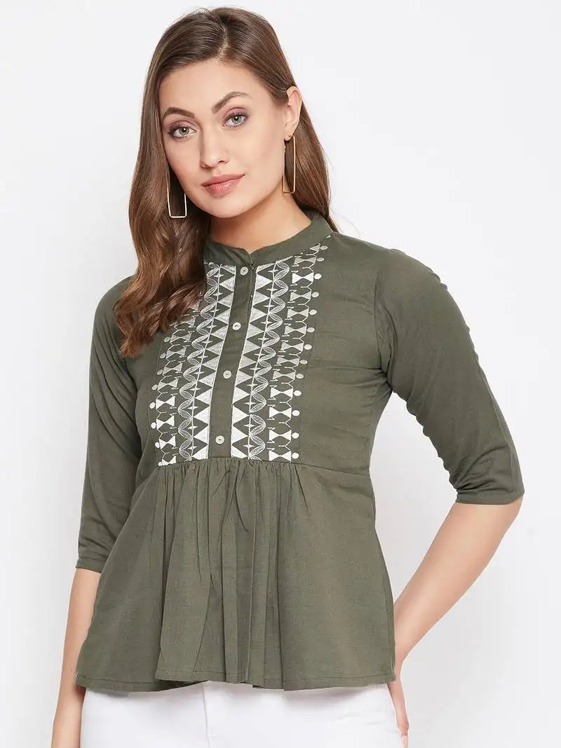 Grey embroidered cotton cotton-tops