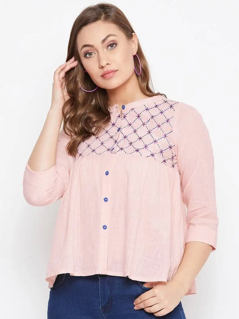 Pink embroidered cotton cotton-tops