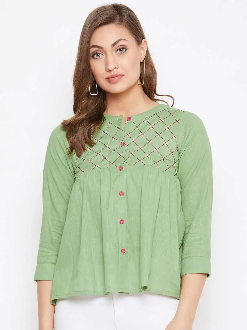Green embroidered cotton cotton-tops
