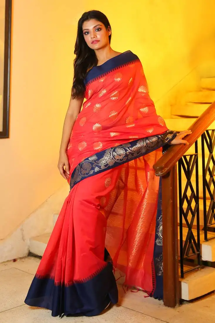 Coral woven chanderi silk saree with blouse