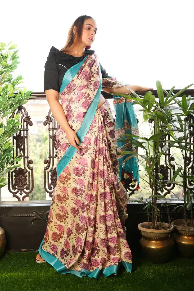 Off white printed linen saree with blouse
